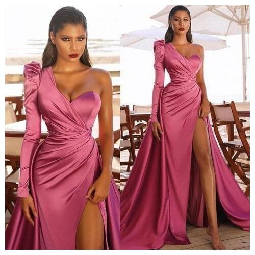 SuperKimJo Vestido De Fiesta De Boda One Shoulder Elegant Prom Dresses 2021 Hot Pink Cheap Satin Simple Prom Gown