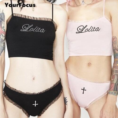 Harajuku punk rok cute kawaii cropped black top lolita cross embroidery lace camis crop top + bottom