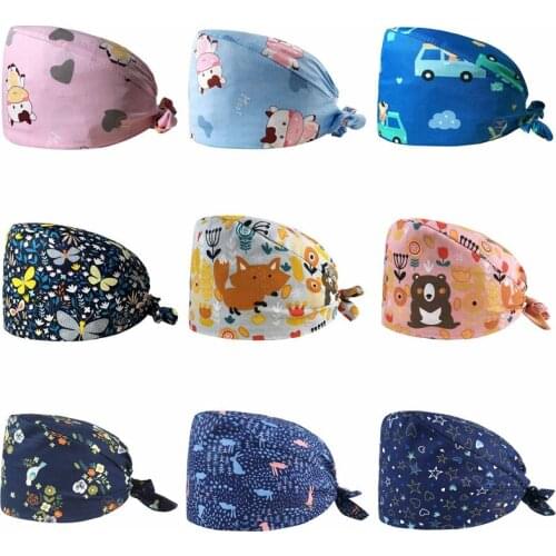 Unisex Wholesale Cotton Print Beauty Salon Breathable Cartoon Print Pet Hat Adjustable Operation Scrub Caps/hat