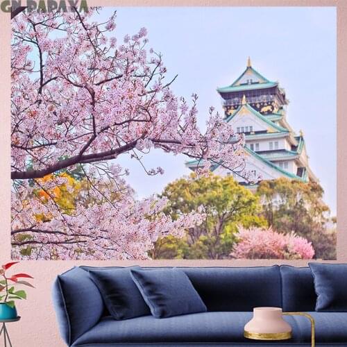 Cherry blossoms landscape tapestry Scenic romantic Wall Hanging farmhouse decor hippie building pink goblen Polyester Yoga mat