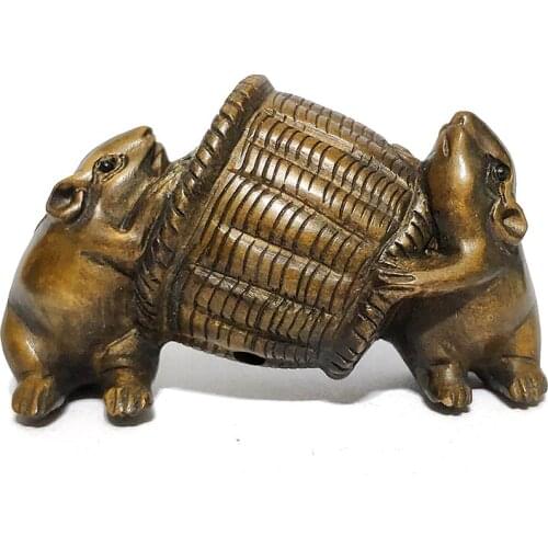 Y7007 - 2" Hand Carved Japanese Boxwood Nettsuke Figurine Carving: 2 Mice