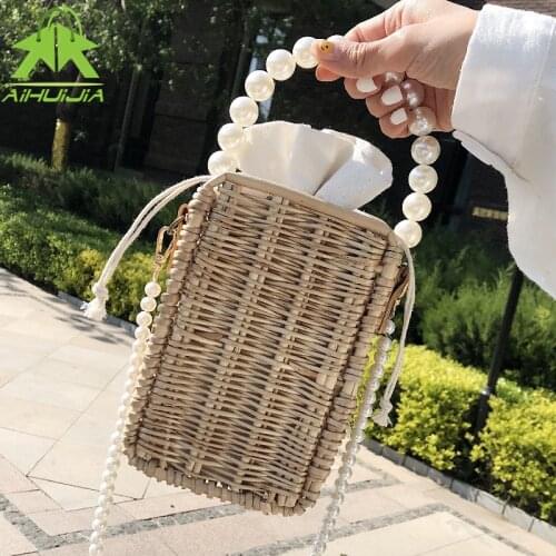 Pearl Chain Summer Small Straw Women Handbags 2021 The New Rattan Weave Travel Beach Bag Fashion Female Shoulder Messenger Bag
