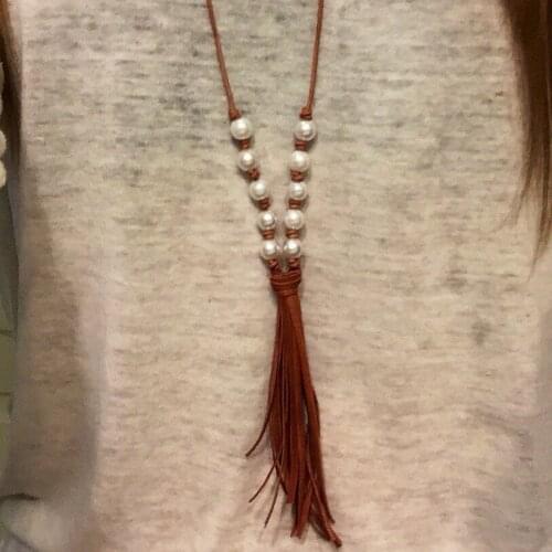 Pearl Pendant Necklace Women Tassel Necklace Jewelry Beaded Necklace on Cord Round Pearl Necklace Long Lady Pendant Necklace