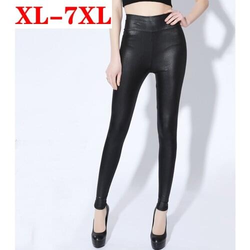 Plus Size 6XL 7XL Women Leggings Black High Waist Faux Leather Leggings High Elastic Stretch Skinny Pants Pencil Tight Trousers