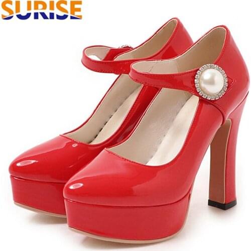 White Wedding Party Women Platform Pumps High Chunky Heels Mary Janes Black Patent Leather Crystal Pearl Dress Office Lady Shoes