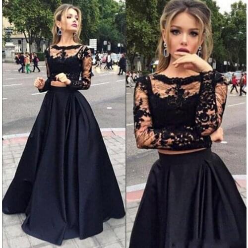 Vestidos Hot Sale Black Two Pieces Prom Dresses Sheer Top Lace Satin A-line Formal Evening Dresses Party Gowns Robe De Soiree