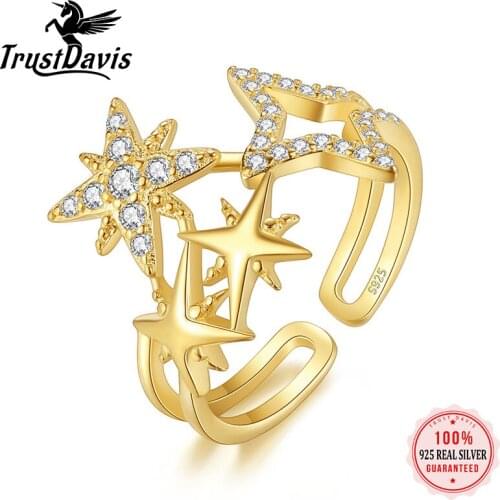 TrustDavis Real 925 Sterling Silver Six Point Star Zircon Adjustable Ring Women Light Luxury Wedding Party Jewelry Gift L230