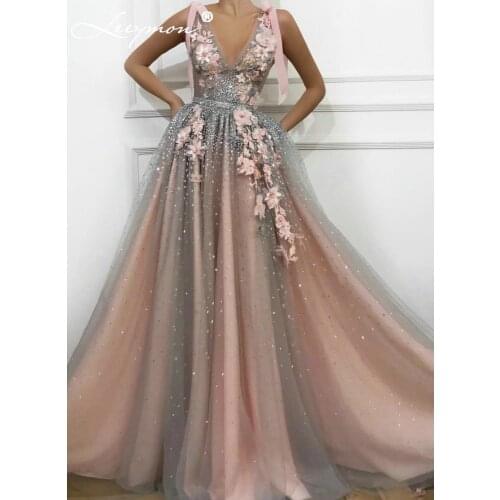 Leeymon A-line V Neck Evening Dress Appliques Crystals Pearls Long Evening Gown Vestido De Festa Floor-Length