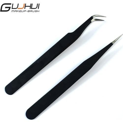 2pcs Black Pink Straight + Curved Nail Art False Fake Eye Lashes Eyelash Extension Tweezers Nippers Pointed Clip Nail Art Tool