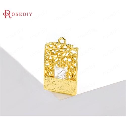 38138)6PCS 14x21MM 24K Gold Color Brass and Zircon Rectangle Charms Pendants Jewelry Making Supplies Diy Findings Accessories