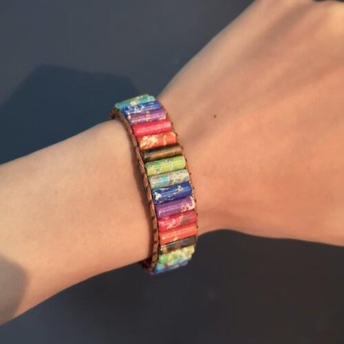 Bohemian Seven Chakras Emperor Stone Adjustable Bracelet Cylindrical Hand-knotted Colorful Natural Stone Beads Leather Bracelet