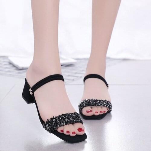 Summer Sandals Women Block Heels Slippers Sandals Ladies Two-uses Square Heel Sexy Sequins OL Office Lady Shoes Woman Big Size