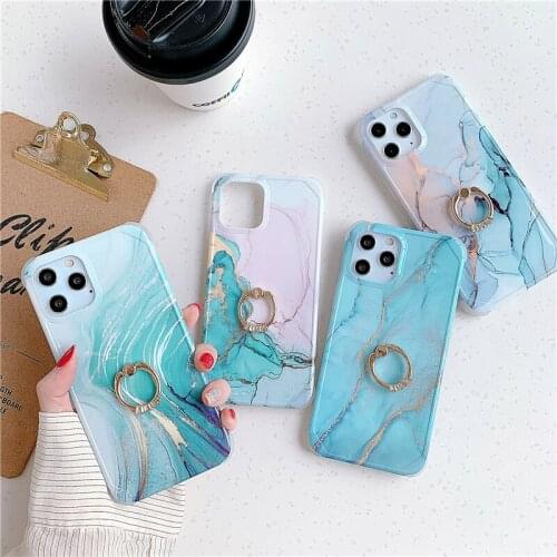 For iPhone 12 11 Pro Max XR XS Max 7 8 Plus Fashion Funda for iPhone 12 Pro Case Luxury Gold Blue Marble Ring Phone Holder Cover