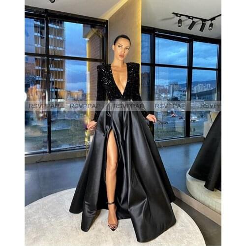 Arabic Style Black Long Evening Dresses 2020 Sexy Deep V-neck High Slit Front Glitter Sequin Top Long Sleeves Women Formal Gown