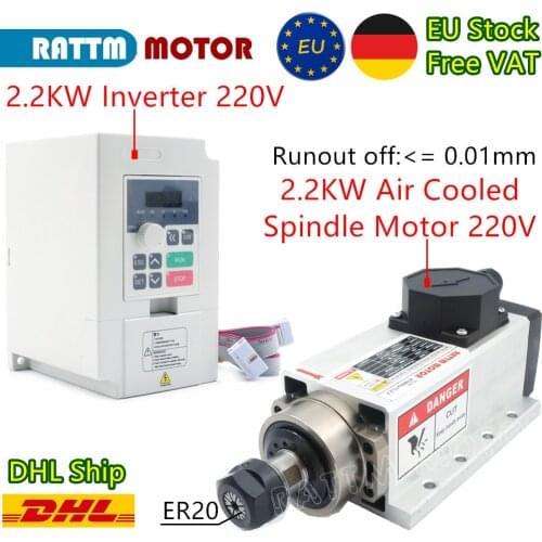 〖EU Free〗CNC Router Kit 2.2kw Square Air Cooled Spindle Motor 220V 400Hz ER20 Runout-off 0.01mm 4Pc Bearing 6A & 2.2KW Inverter
