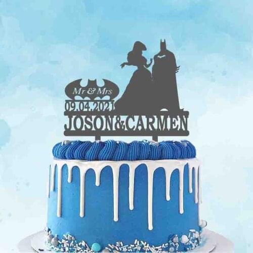 Custom Name Wedding Date Ariel and Bat Man Wedding Cake Topper Princess and Prince Bat Man Topper For Wedding Cake Decoration