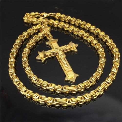 HIPHOP 361L Stainless Steel Gold Color Crystal Jesus Cross Pendant Necklaces 5mm Heavy Link Byzantine Chain Men Necklace