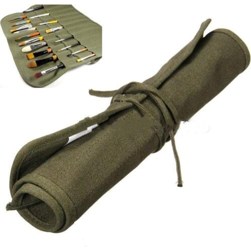 22 Holder Canvas Pencil Bag Roll Up Thick Green Oil Watercolor Pen Artists Paint Brush Cases Stationery Organizer Storage Wrap