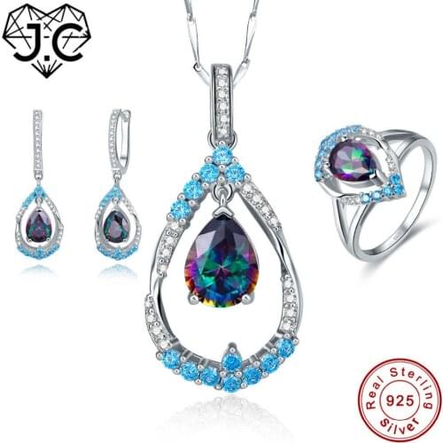 J.C Women Men Exquisite Rainbow Blue Topaz Genuine 100% Solid 925 Standard Sterling Silver Pendant & Ring & Earring Jewelry Set