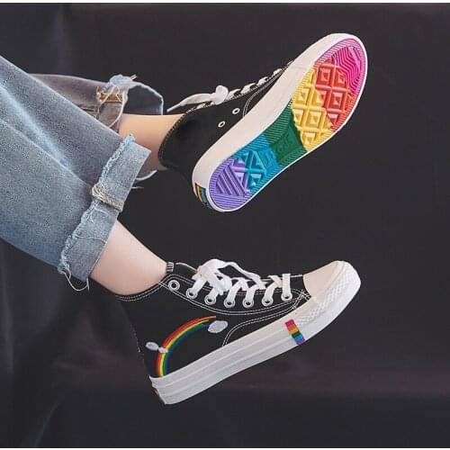 Womens Fashion Vulcanized Shoes Woman Sneakers New Rainbow Retro Canvas Shoes Flat Fashion Comfortable High Shoes Women 556