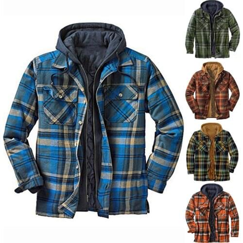 Mens Jackets Autumn Winter Plaid Lapel Pocket Hooded Padded Loose Thick Warm Loose Shirt Top Bomber Male Winter Jacket Ski Coat
