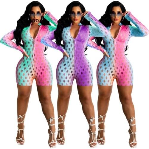Fashion Rainbow Colors Hollow Out Skinny Jumpsuits Womens Rompers Active Wear Party Club Overalls Night Out Playsuits