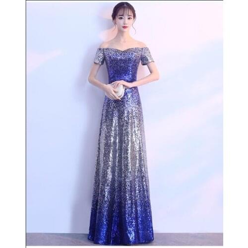Fashion Blue Sequins Gradient Color Long Dress Evening Birthday Celebrate Dress Women Singer Sexy One-piece Sparkly Dress