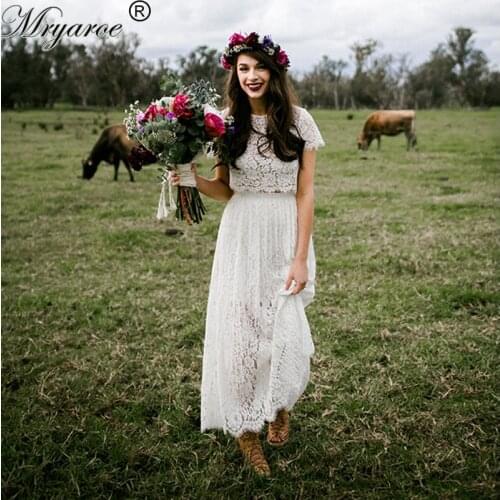 Mryarce Short Wedding Dresses Lace Two Piece Illusion Bodice Boho Wedding Dress Short Sleeves vestido de casamento curto