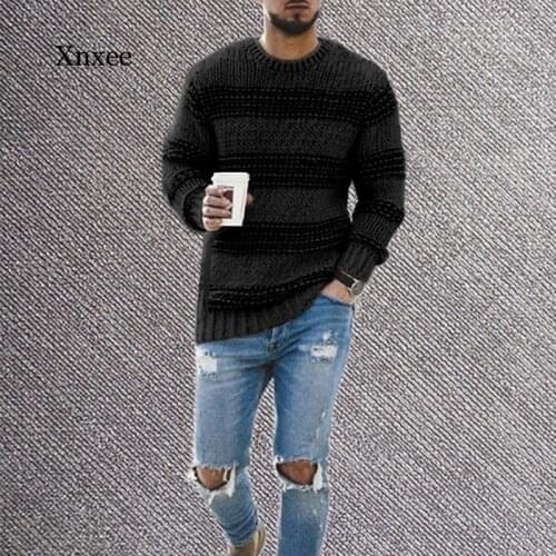 New Mens Autumn Striped Sweater Fashion Pullover Mens Casual High Street O-Neck Long Knit Sweater Sweater