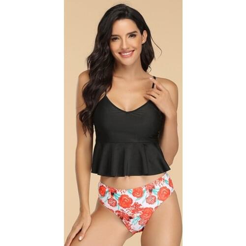 2021 New Women Black Bikini Split Swimsuit Swimming And Wading Rose Flower Swimwear SW410