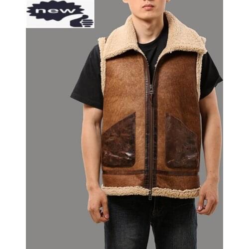 New 2021 Winter Genuine Leather Mens Zip Lapel Pockets Vintage Sheepskin Vest Thicken Real Fur Fleece Sleeveless Jackets