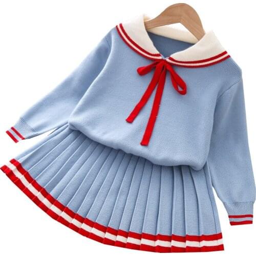 New winter Fashion kids girls clothes knitted bow pullover sweater tops and skirts