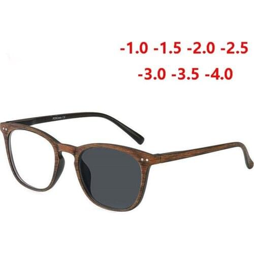 Sun Photochromic Lenses Finished Myopia Glasses For Unisex Retro Wood Color Chameleon Nearsighted Eyewear 0 -1.0 -1.5 -To -4.0