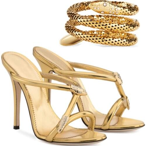 Sexy Pointed Toe Snake Sandals Women Metal Decoration Slip On High-Heeled Slipper Women Spring Sexy Shoes Women Sapato Feminino