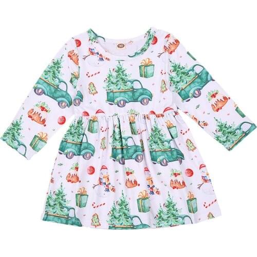 Baby Girls Dresses Long Sleeve White Snowman Car Cartoon Cute Pattern Christmas Kids Dress 6M-4Y