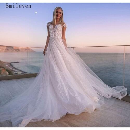 Smileven A Line Glitter Tulle Beach Wedding Dress Cap Sleeve Floral Applique 2021 Bride Dress Boho Sexy Wedding Gowns