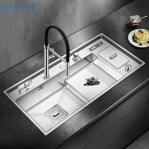 Luxury Large Size Step Kitchen Sink SUS 304 Stainless Steel 4mm Thickness Handmade Brushed Step Sinks With Trash Can