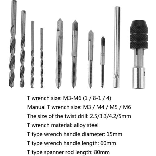9pcs/Set T Type Machine Hand Screw Thread Taps Reamer M3/M4/M5/M6 Tap Set With Twist Drill Bits And Wrench
