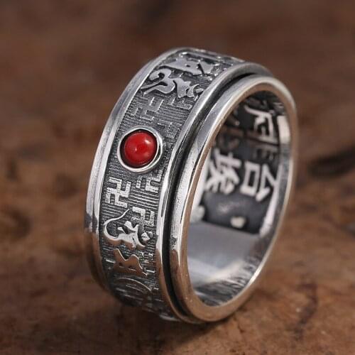 100% Real 925 sterling silver Red Gem Buddhist Heart Sutra Ring Fine jewelry men women Rotatable wedding Ring Jewelry Gifts