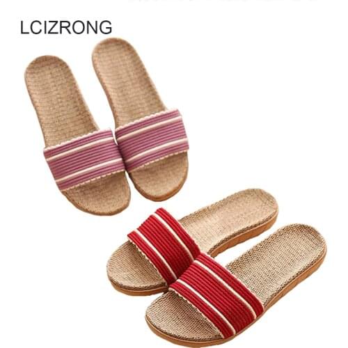 LCIZRONG 5 Colors Flax Straw Lover Indoor Slippers Women 35-45 Size Hemp Ladies Flat Slides Non-slip Unisex Home Slippers Female
