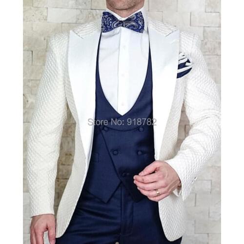 Wedding Suits For Men 2018 New Fashion White Jacket Blue Vest Pant 3 Pieces Set Men Suits With Pants Terno Masculino Slim Fit