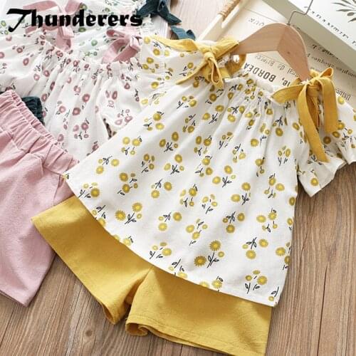 Thunderers Casual Summer Girl Clothing Set Off Shoulder Shirt & Short Pants Children 2pcs Outfits Toddler Baby Elenant Costume