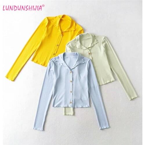LUNDUNSHIJIA 2021 Spring Summer Vintage Women Cardigan Crop Tops Turn-Down Collar Solid Full-Sleeve Shirt Top