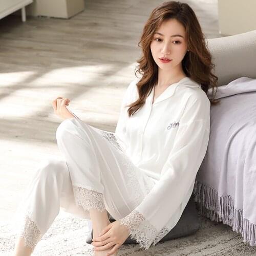 Women Satin Silk Pajamas Spring White Lace Bedroom Sleepwear PJs Pijama Feminino Mujer Dormir Home Clothes Satin Pyjama Femme