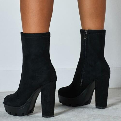 NIUFUNI 2020 Women Ankle Boots Autumn Round Toe Platform Boots Zipper Fashion Black Suede High Heels Shoes Martin Botas Mujer