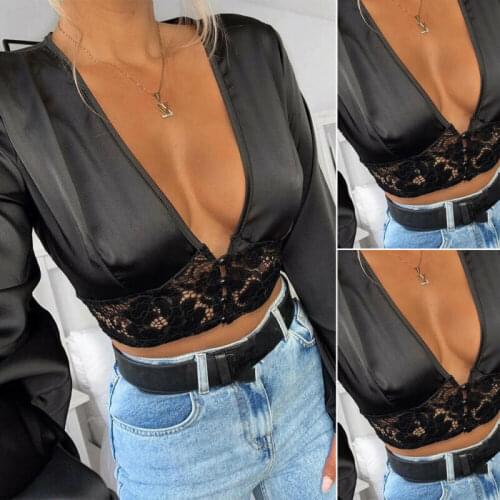 New Fashion Autumn Women Hollow Deep V Neck Lace Crop Top Long Sleeve Sexy Blouse