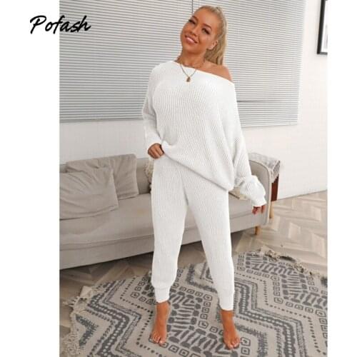 Pofash Knitted Off Shoulder Winter Two Pieces Outfits Women Sweater Casual Long Sleeves Tops And Pants Solid Female 2 Pieces Set