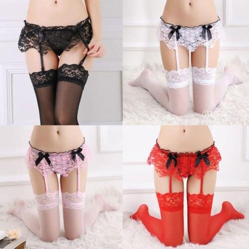 Medias para liguero Sexy Lace Garter Belt Lingerie Stocking G-string Underwear Lace bow Garter panties Without stockings soft T3