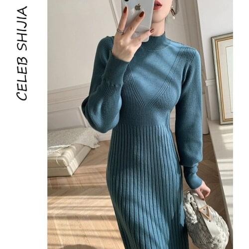 Chic Blue Wool Dress Woman Winter 2021 High Waist Knitted Long Dresses Party Vestido Runway Design Warm Sweater Clothing Autumn