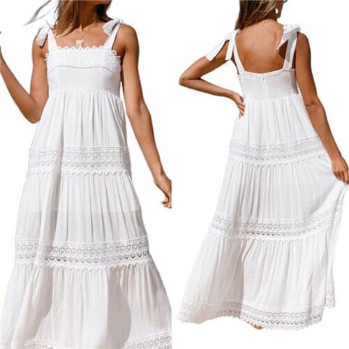 Ladies Temperament Beach Suspender Dress Women Summer Lace Splicing Sleeveless Long Strap Dress Maxi Dress Shopping Dating 2021